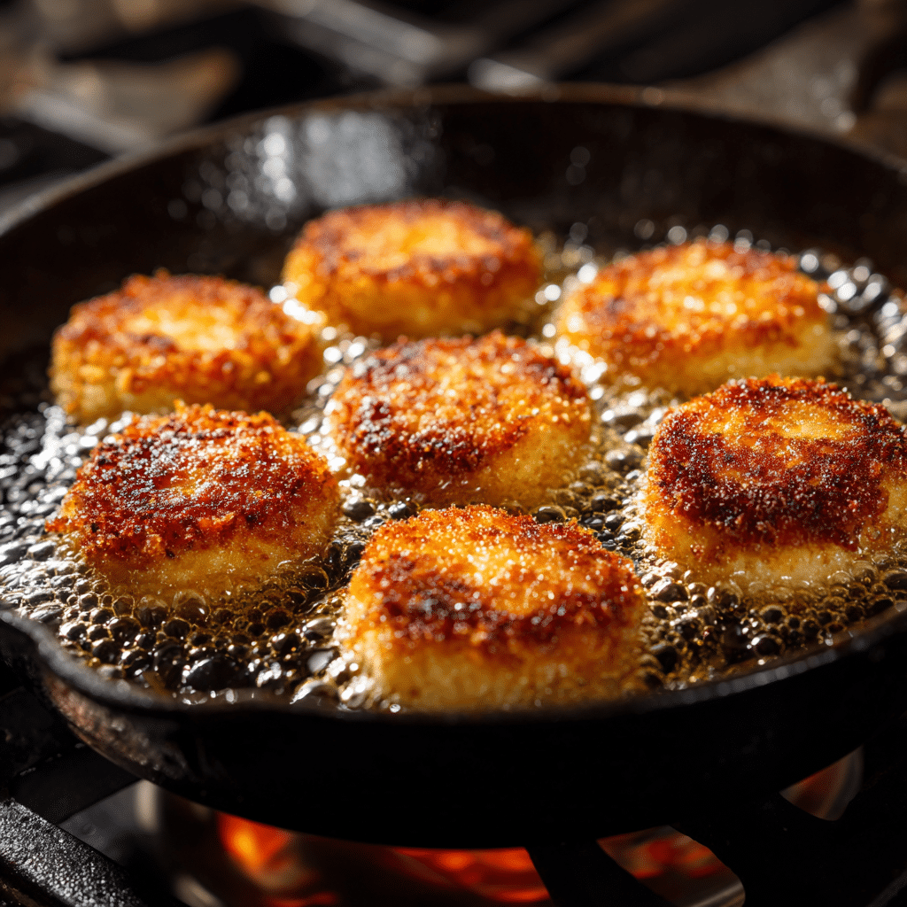 frying korokke potato croquettes in a skillet