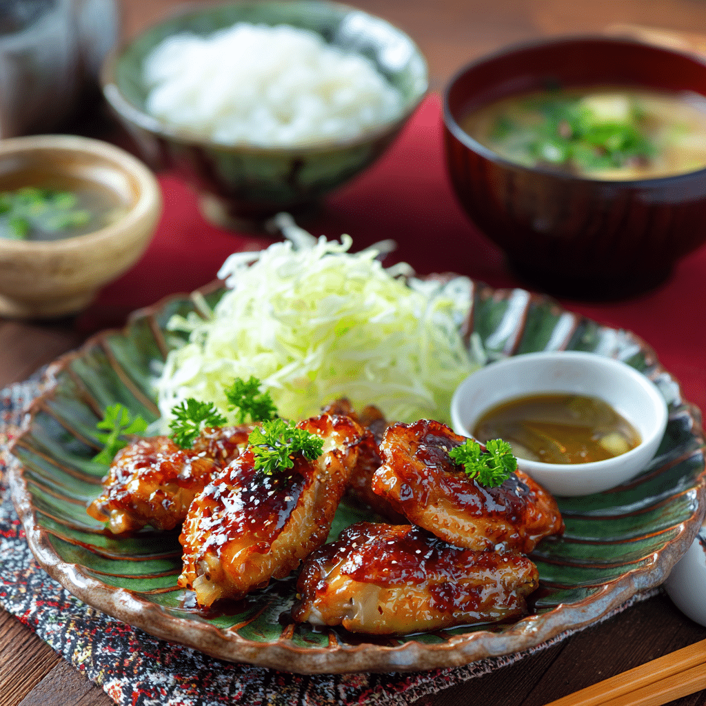 Plated tebasaki wings Japanese chicken recipe with sides