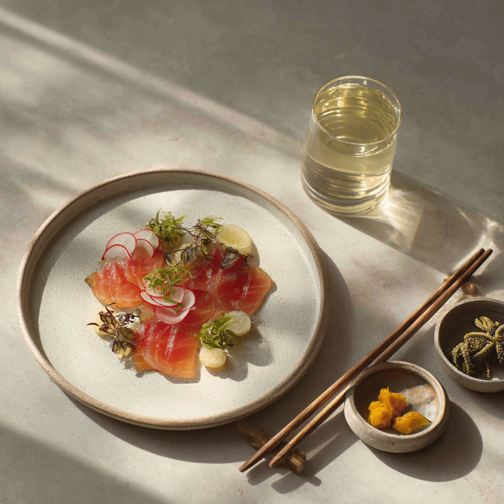 serving-kanpachi-carpaccio.jpg plated kanpachi carpaccio recipe with Japanese sides