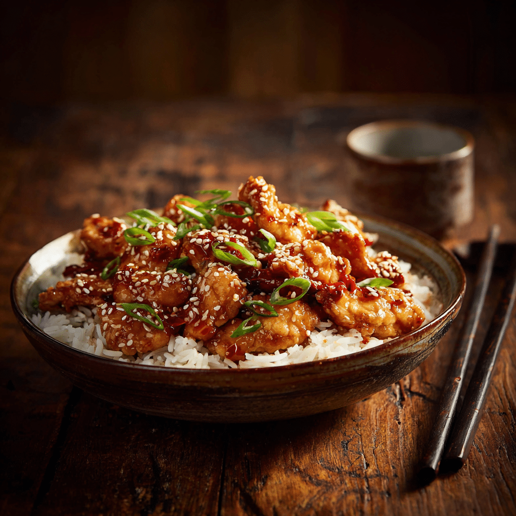 Plated Hunan chicken with rice