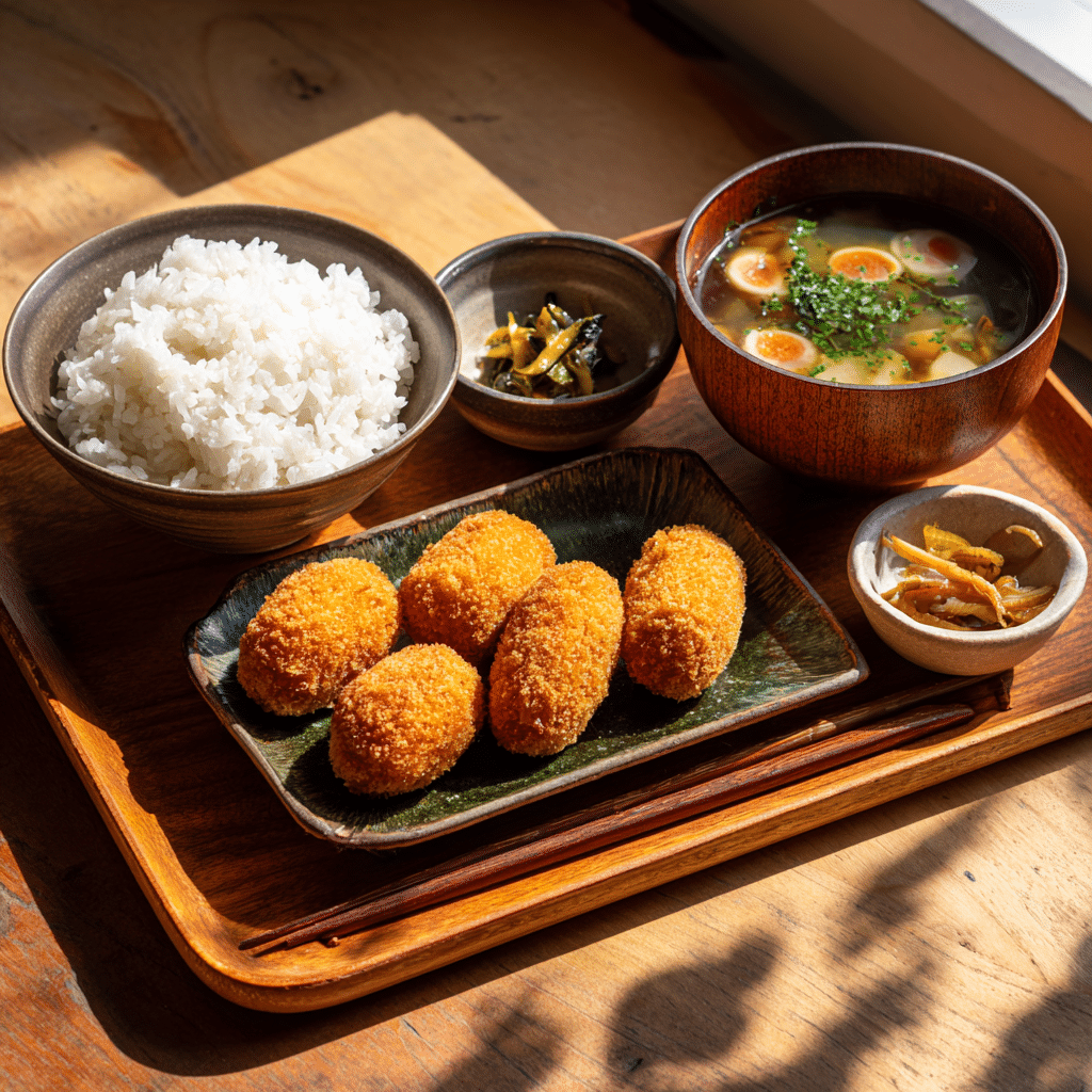  korokke potato croquettes served in a full Japanese meal