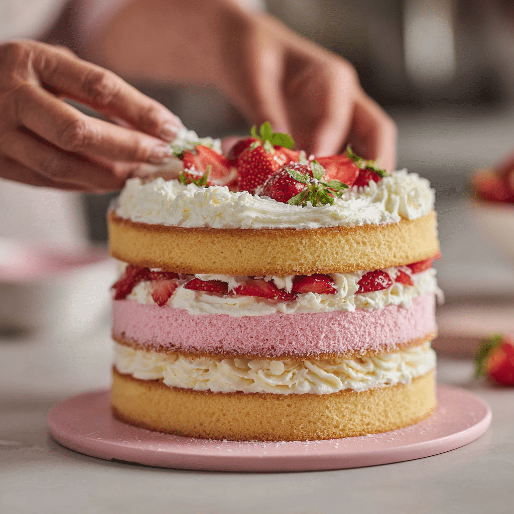 assembling strawberries and cream cheesecake cake