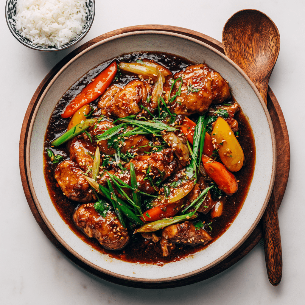 Hunan chicken styled for recipe card