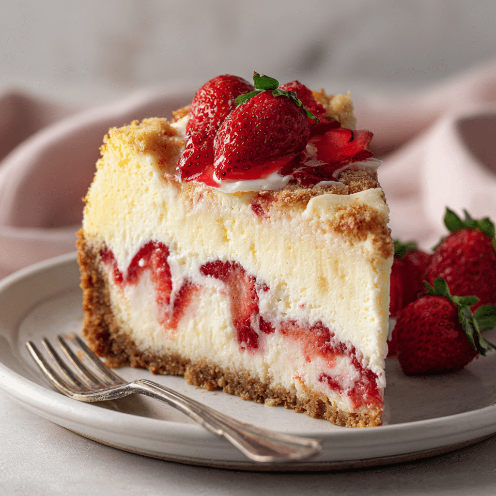 slice of strawberries and cream cheesecake cake